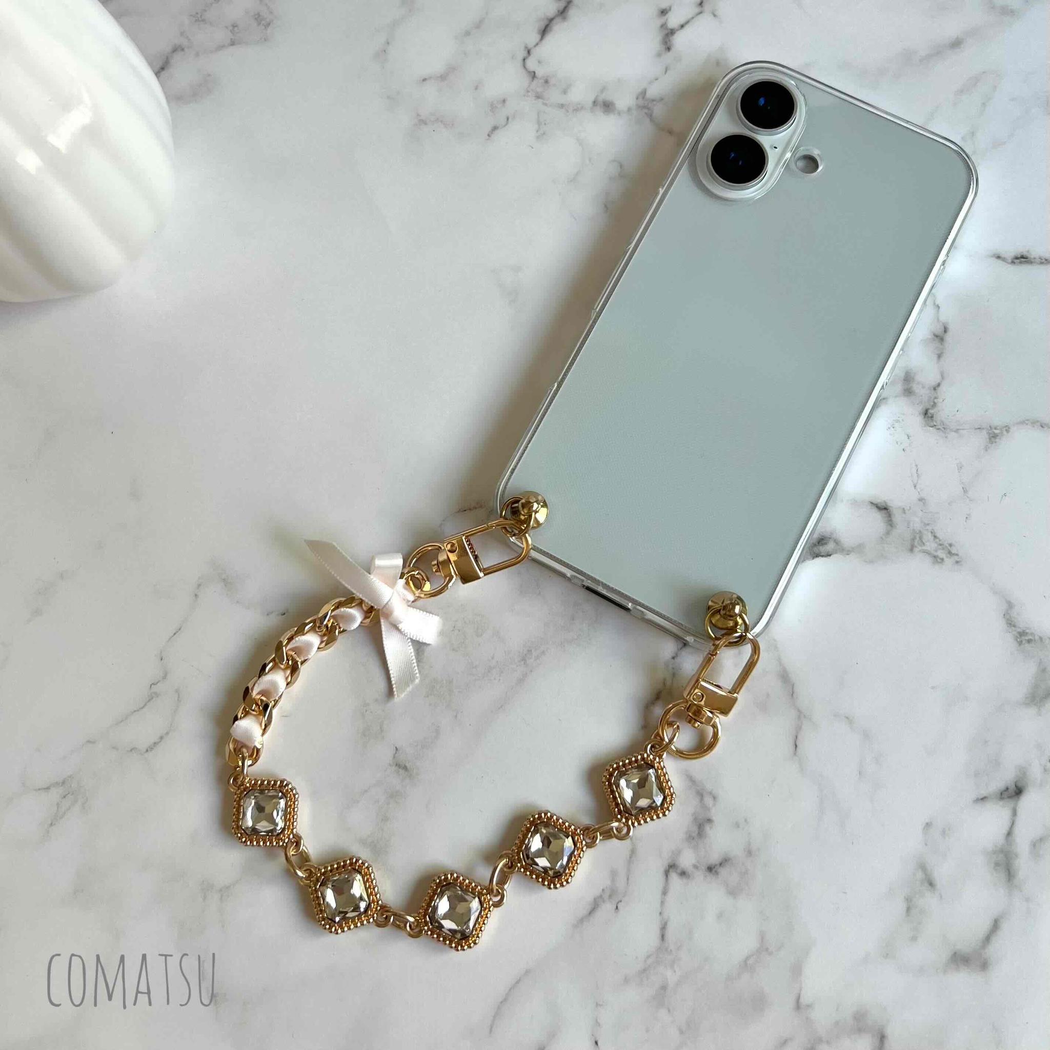 キラキラcharmmyりぼん ハンドストラップ付きスマホケース 落下防止スマホストラップ付きスマホカバー